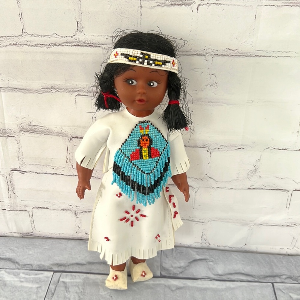 Native vintage American doll leather dress 10.5” tall